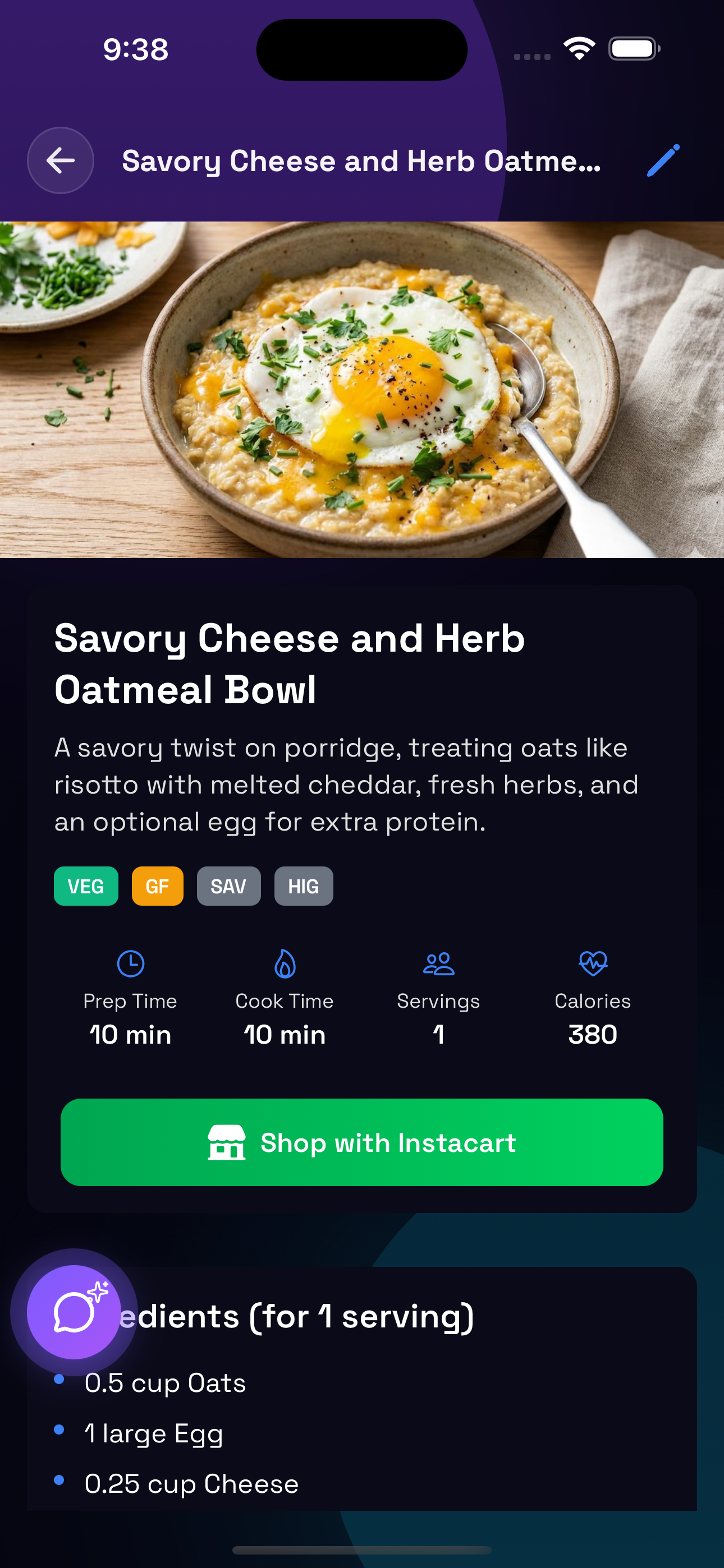 Morph App Recipe Screen